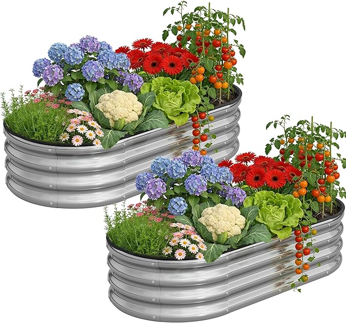 Planter Raised Beds Metal Kit, 4×2×1ft 2 Pack for Outdoor Planter Boxes with Easy Assembly,Oval Large Galvanized Garden Beds for Vegetables, Fruits, Flower Silver