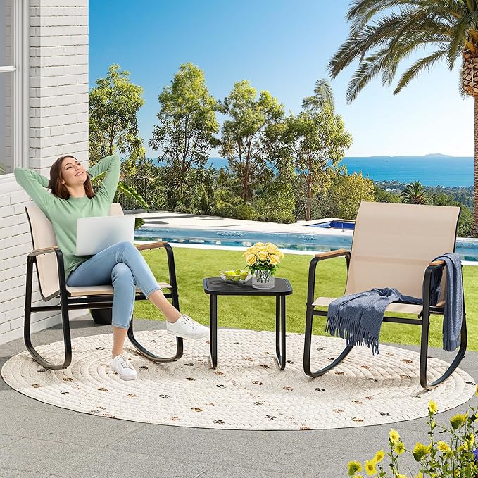 YITAHOME 6 Piece Rocking Bistro Set, Outdoor Patio Furniture Set with Wooden Armrests, 4 Porch Chairs with 2 Glass Table for Lawn, Garden, Balcony, Poolside, Beige