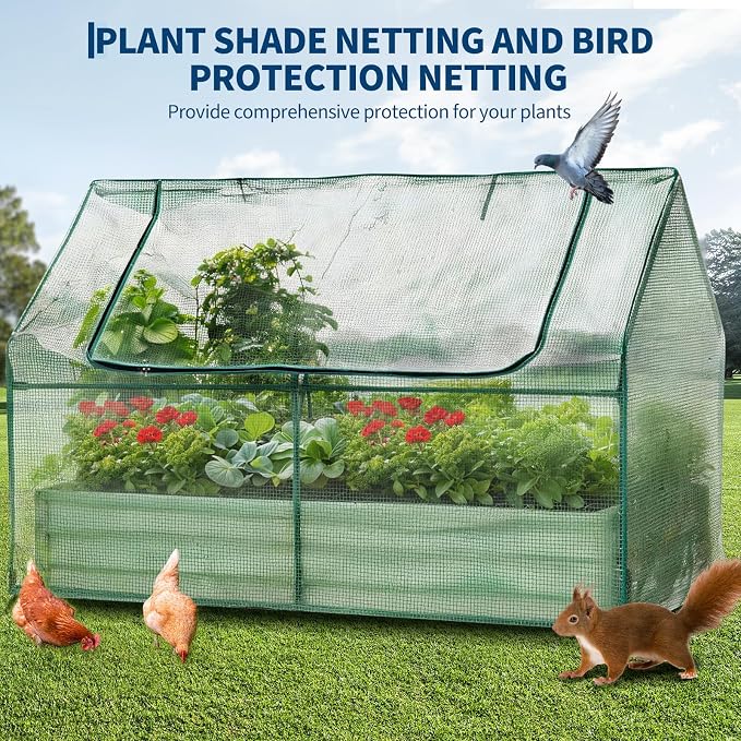 Garvee 48"x24"x12" Raised Garden Bed Kit with Pitched Roof Greenhouse Cover & Irrigation, 3-in-1 Metal Planter Box with Self-Watering System & Insect Mesh, Outdoor Raised Bed for Vegetables Flowers