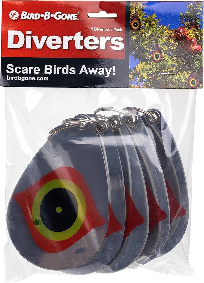 Bird B Gone - Reflective Eye Bird Diverters - Set of 5 - Foil Deterrent Mimics Predator Eyes - Scares Birds Away - for Trees, Patios, Gazebos, Boats, Etc - Durable Outdoor Plastic - 360° Rotation
