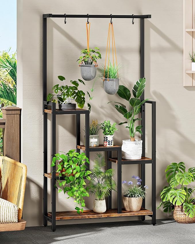 CHOEZON Plant Stand Indoor, 63" Tall Wooden Plant Shelf with Hanging Hooks and Staggered Tiers, Freestanding Flower Rack for Living Room, Balcony, Corner, Rustic Brown and Black TCJ41BF