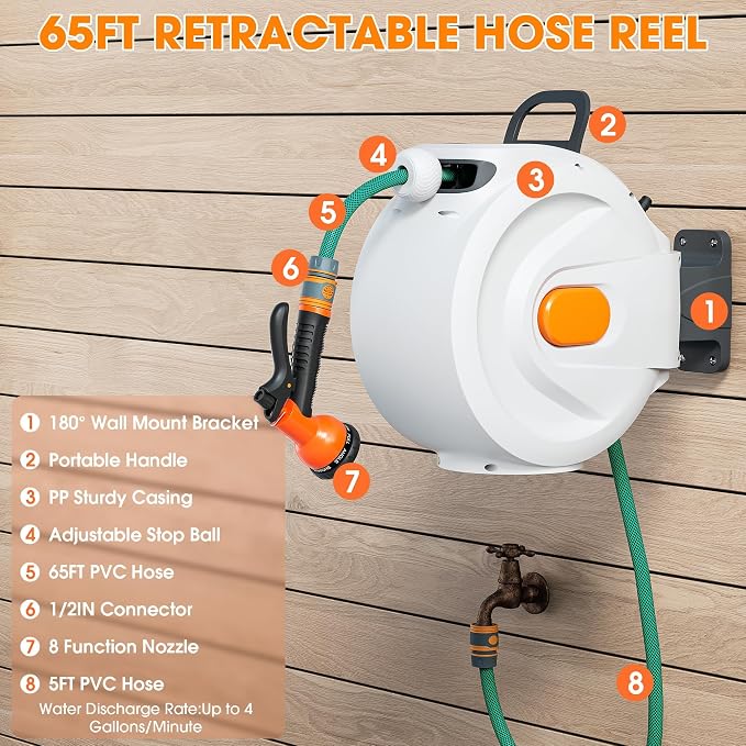 Retractable Garden Hose Reel - 1/2 inch x 100ft Wall Mounted Hose Reel with 3/4 inch Brass Fitting & 8 Function Sprayer Nozzle - Any Length Lock, Auto Rewind System, 180°Swivel Bracket