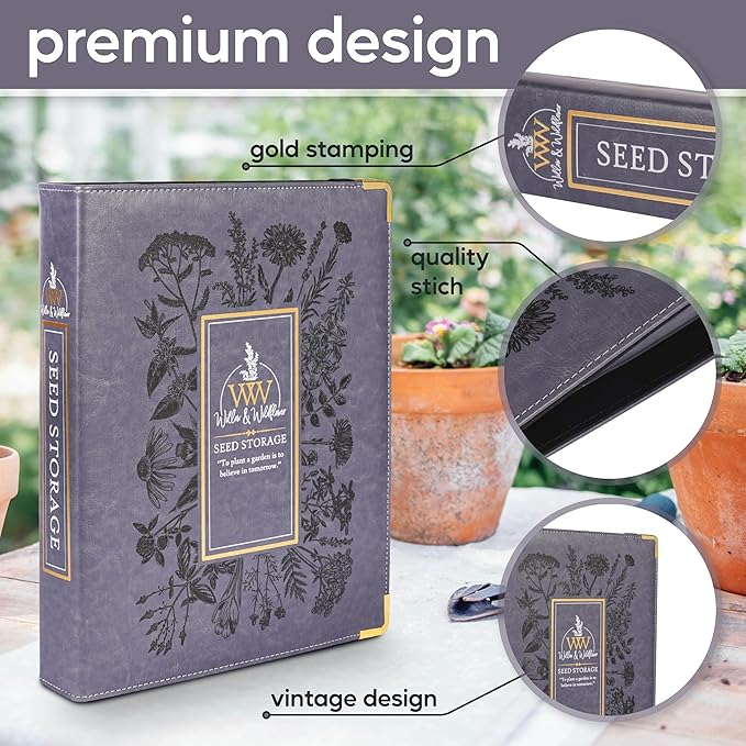 Create-ables Willow and Wildflower Garden Seed Organizer Binder, Seed Storage Organizer, Garden Binder Book for Packet Storage Catalog Can Store 120 Packets with Dibber and Widger (Slate Blue)