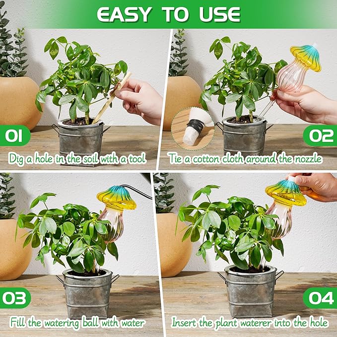 11 oz Large Plant Watering Globes, Glass Self Watering Globes, Gradient Color Mushroom Self Watering Planter Insert, Vacation Plant Watering Devices, Automatic Watering Bulbs (Large-4 Pack)