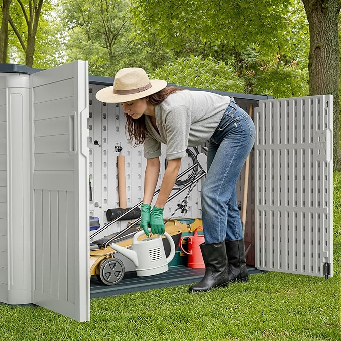 JUMMICO Resin Outdoor Storage Shed, 34 Cu Ft Horizontal Storage Cabinet with Shelves for Trash Cans, Garden Tools, Pool Supplies (Beige)