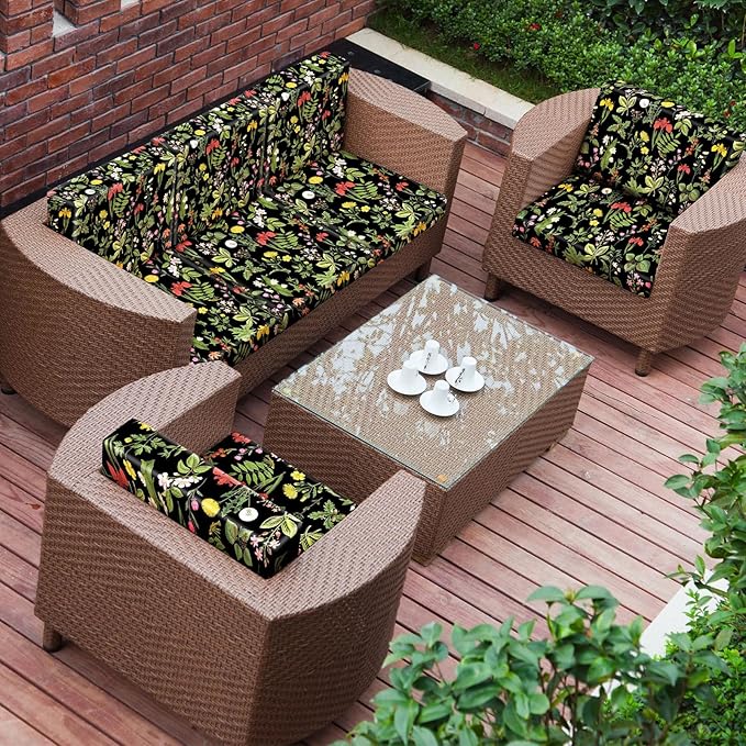 pickyNproud 8Pcs Patio Cushion Covers Stretch Outdoor Couch Cushions Slipcovers Replacement Washable Furniture Protector with Elastic Bottom Sofa Chair Seat Cover, Black Flower
