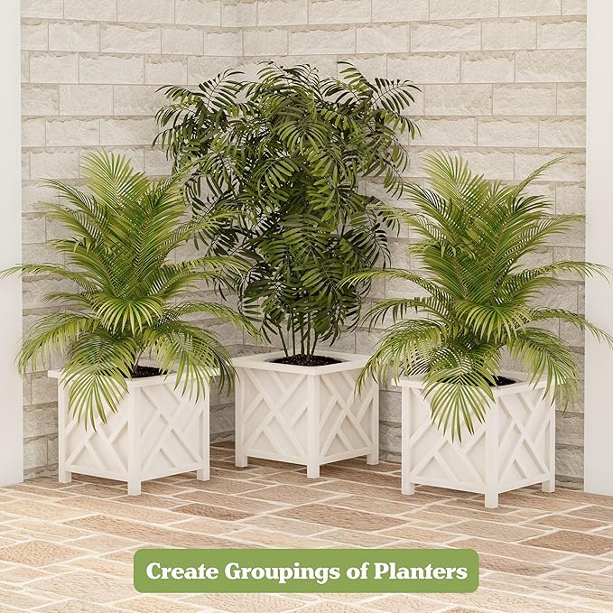 Lattice Design Outdoor Planter Box - 14.75” Square 13” Tall White Plant Pot - Decorative Plant Pots for Front Porch Decor - Flower Pots Outdoor Planters for Porch Patio or Garden Decor by Pure Garden