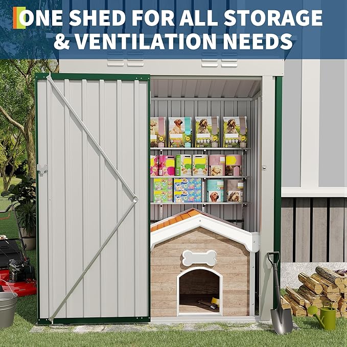 GAOMON Compact Metal Outdoor Storage Outdoor Storage 5x3FT - Weather-Resistant Tool Organizer with Lockable Single Door, Sloping Roof - Ideal for Garden, Backyard, Patio, Lawn Equipment