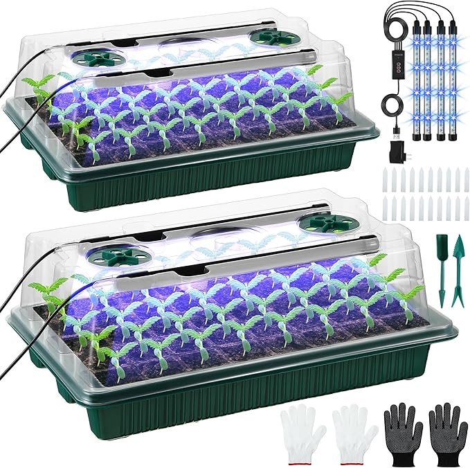 Saillong 2 Pack Seed Starter Tray with Grow Light, 80 Cell Indoor Greenhouse Seed Starting Set with Humidity Dome, 360° Full Spectrum LED, Smart Timer, 5 Brightness Levels for Germination