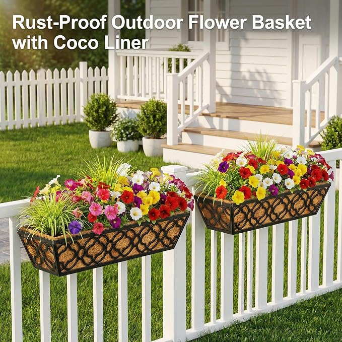 HFHOME 30 Inch Railing Planter Box with Coco Liners and Adjustable Brackets for Porch, Fence, Patio, Balcony Hanging Flower Railing Baskets, Outdoor Garden - 6 Packs