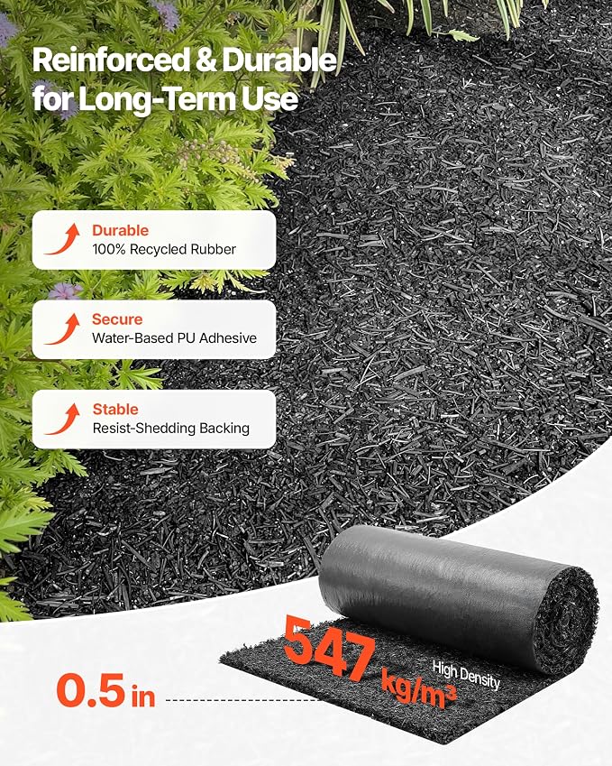 VEVOR Rubber Mulch Mat Roll, 2 Rolls 96 x 24 in Recycled Rubber Mulch Mat, 0.5 Thick Cuttable, Reduced Weed Growth, Natural-Looking Weed Barrier Mat, Permanent Walkway Pathway for Landscaping