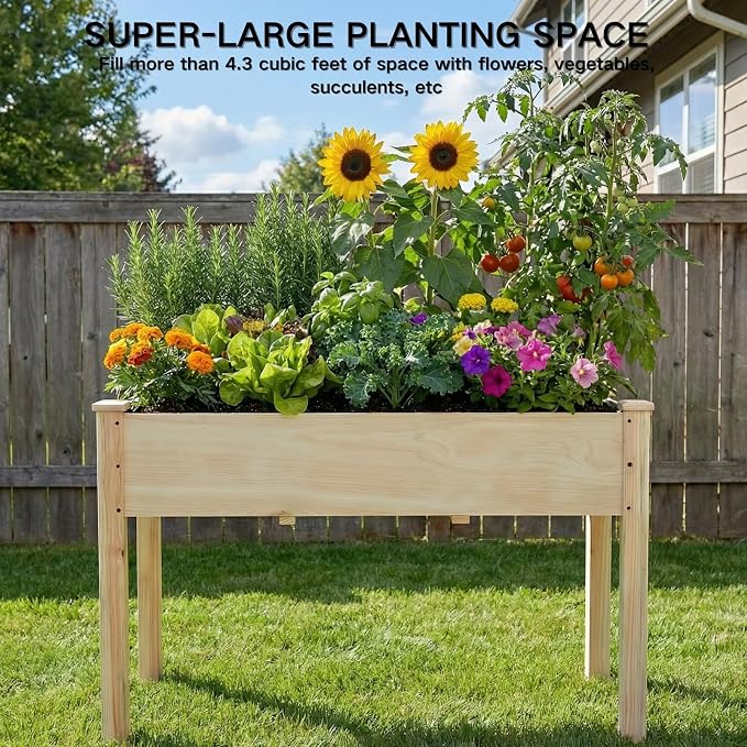 Elevated Wood Raised Garden Bed, 48 x 24 x 30in Wooden Planter Box with Legs, 210LBS Capacity, Non-Woven Liner & 6 Drainage Holes for Backyard Patio Balcony Vegetables Flowers Herbs