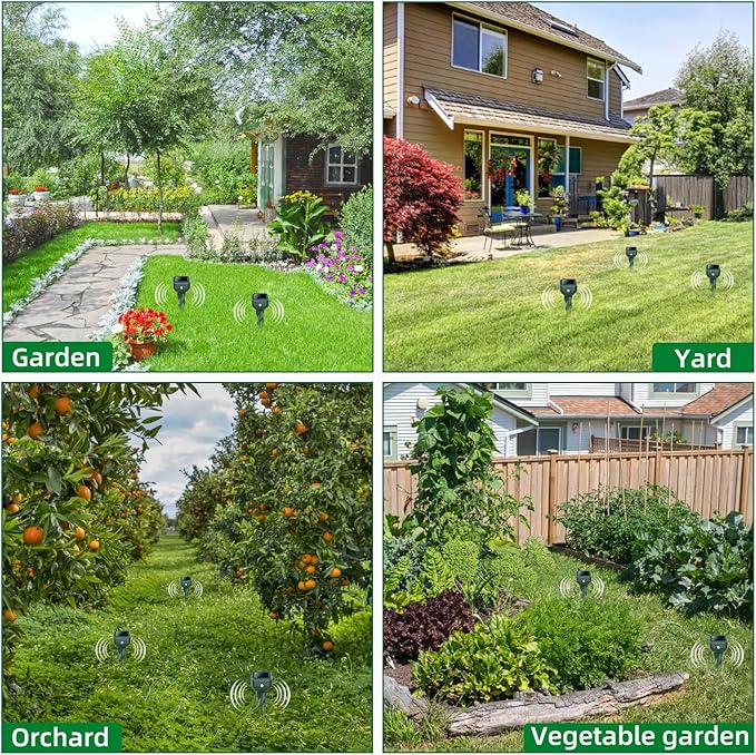 Mole Repellent Solar Powered, 4 Pack Snake & Skunk Repellent for Yard, IP 65 Waterproof Ultrasonic Deterrent Stakes, Get Rid for Rabbit, Gopher, Vole, Chipmunk, Deer, Groundhog for Lawns Garden