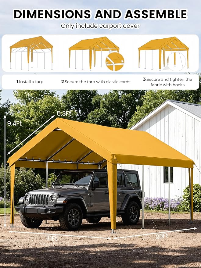 10 x 20 Ft Carport Replacement Cover, Heavy Duty Outdoor Car Tarp Canopy, Waterproof & UV Protected Tear Oxford Tarp with Ball Bungees (Frame is Not Included)