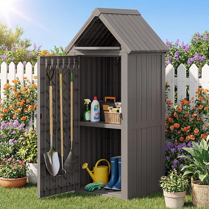 Vertical Outdoor Storage Shed, Waterproof Resin Outdoor Storage Cabinet with Removable Shelves & 12 Hooks, Lockable Small Tool Shed for Garden, Backyard, Patio, Pool, Classic Gray