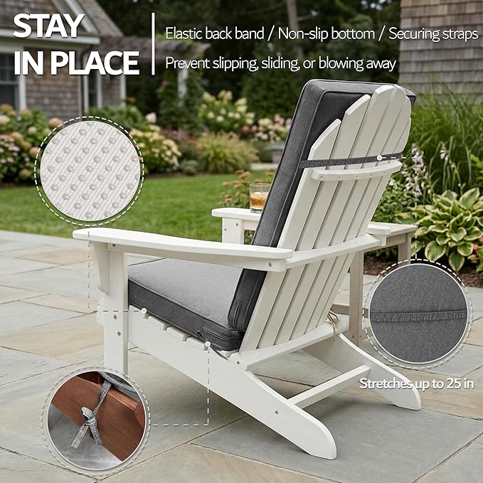 Adirondack Chair Cushions Set of 2 - Removable Covers, Water-Repellent & Fade-Resistant Faux Linen, Securing Straps, Non-Slip Bottom, Fit for Most Outdoor Adirondack & Rocking Chairs - Dark Grey