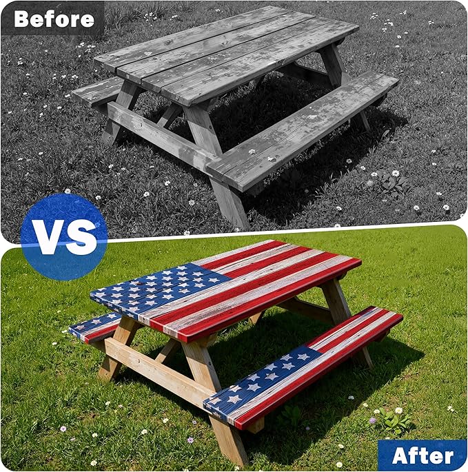 Picnic Table Cover with Bench Covers 6FT,Camping Essentials American Flag Waterproof Windproof Fitted Outdoor Tablecloth with Elastic Rectangle Table Cloth Camping Accessories