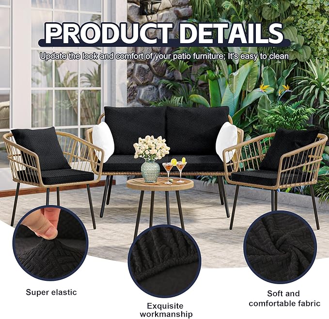 8Pcs Patio Cushion Covers,Outdoor Cushions Covers,Stretch Cushion Covers Replacement, Washable and Reusable Furniture Protectors(Black)