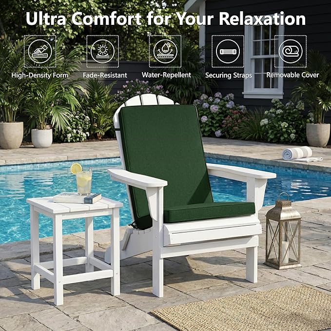 Adirondack Chair Cushion - Removable Cover, Water-Repellent & Fade-Resistant Faux Linen, Securing Straps, Non-Slip Bottom, Fit for Most Outdoor Adirondack & Rocking Chairs - Olive Green