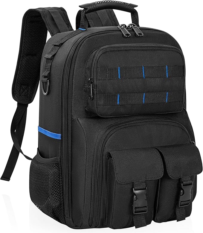 Tool Backpack for Men, Heavy Duty Tool Bag with Removable Tool Organizer, Durable Water-Resistant Work Backpack, Upgrade(Black & Blue)