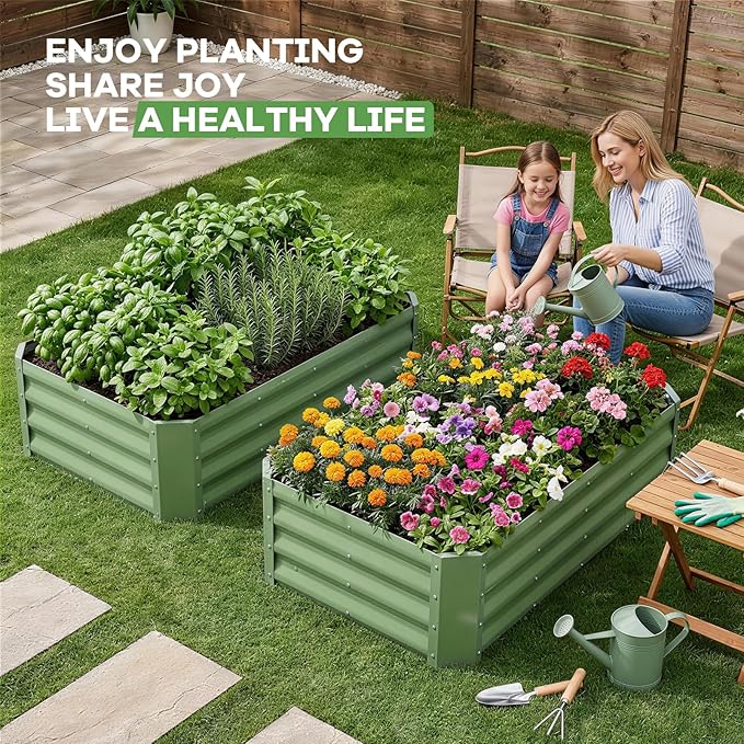 Galvanized Raised Garden Bed Kits, 2 Pack Metal Planter Box Outdoor, 4x2x1ft Rectangular Steel Planter Bed for Vegetables, Fruits, Flowers, Herbs(Olive Green)