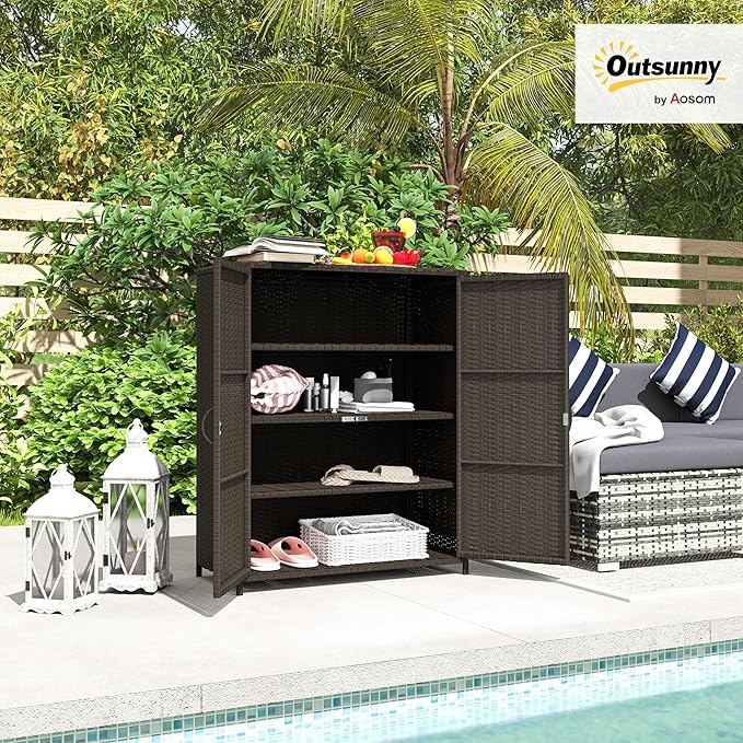 Outsunny Wicker Outdoor Storage Cabinet with Shelves, 4-Shelf Outdoor Pool Towel Cabinet with Two Doors, Rattan Patio Storage Shelves for Garden, Backyard, Porch, Dark Coffee