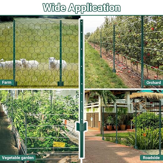 Metal Fence Posts, Pack of 10 4 FT Green Heavy Duty U Posts, No Dig T Posts for Fences Wire Mesh, Perfect for Temporary Fencing, Electric Fence Wire, Corner Anchor