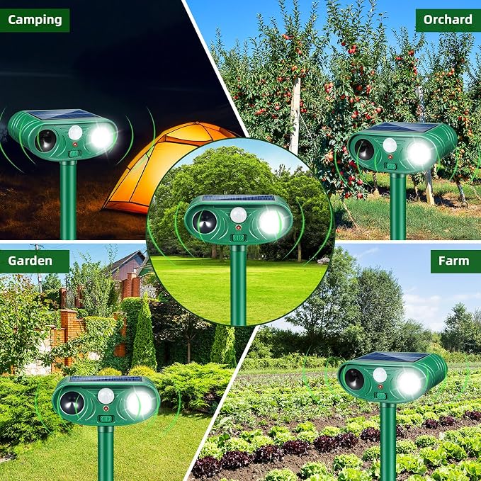 4 Pack Solar Ultrasonic Animal Repeller Outdoor, Cat Deterrent & Deer Repellent Device, Waterproof Squirrel Rabbit Control Deterrent with Motion Sensor & LED Waterproof Cat Deterrent for Garden Yard