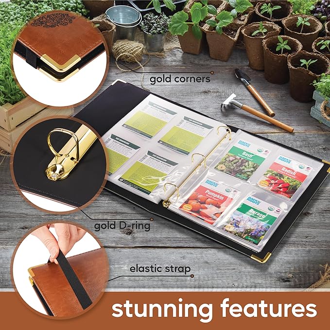 Create-ables Willow and Wildflower Garden Seed Organizer Binder, Seed Storage Organizer, Garden Binder Book for Packet Storage Catalog Can Store 120 Packets with Dibber and Widger (Classic Brown)