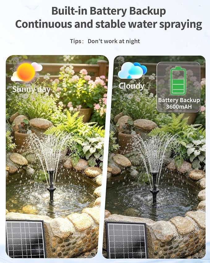 POPOSOAP Solar Pond Filter with Fountain Pump Built-in Battery Backup | 8W Solar Pond Pump with 8 Nozzles & 5Ft PVC Tubing, Dry-Run Protection for Outdoor Ponds Bird Baths DIY Water Feature