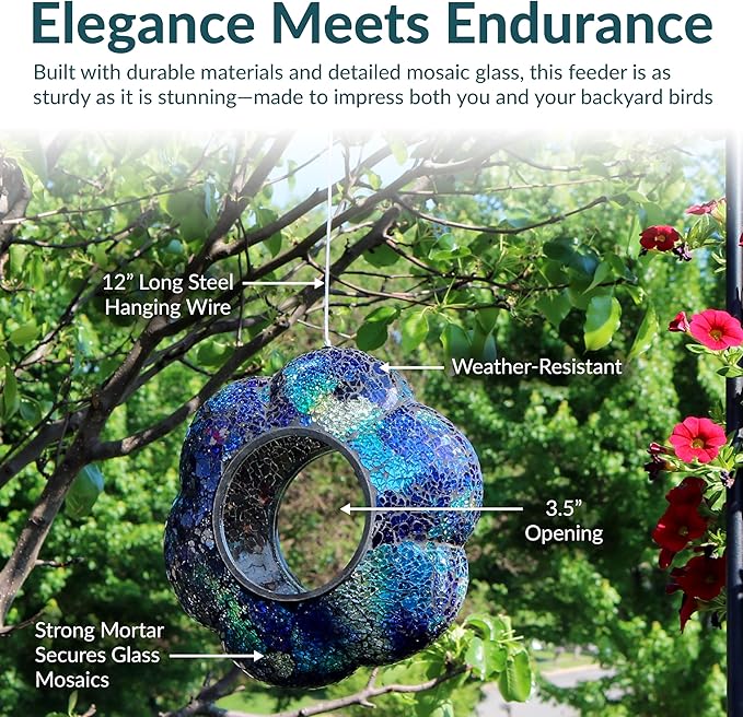 Sunnydaze 10-Inch Glass Mosaic Hanging Bird Feeder for Outdoors - Fly-Through Glass Bird Feeder for Cardinals, Jays, Finches and More - Indigo Flower Mosaic