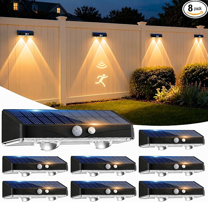 kolpop Warm White Solar Fence Lights Solar Powered,8 Pack Motion Sensor Fence Lights Outdoor,IP65 Waterproof,3 Lighting Modes LED Solar Lights for Backyard,Patio,Railing,Wall,Nighttime,Party