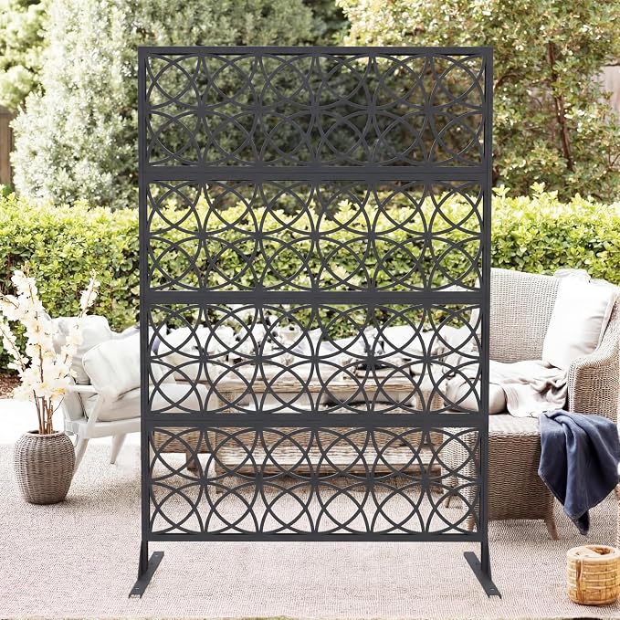 Metal Privacy Screen Outdoor - 71"x46" Freestanding Privacy Panels for Patio, Deck, Lawn & Garden, Weather-Resistant Rustproof Room Divider with Stand
