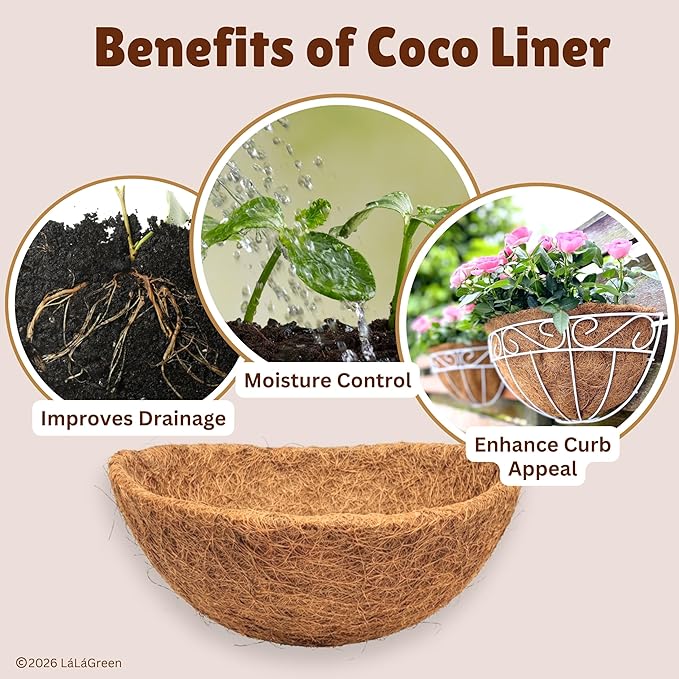 LaLaGreen 12" (2 Pack, Half Round) Coco Liners for Wall Hanging Planter – Small Coir Fiber Husk Replacement for Window Box, Pot, Garden Holder Basket-Also Available in 10/14/16’’ & Different Shapes