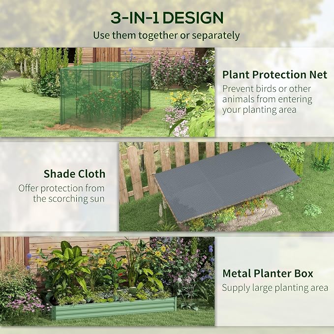 Outsunny 7.3 x 3.4 x 1 ft Galvanized Raised Garden Bed with Crop Cage Plant Protection Net and Shade Cloth Roof, Metal Planter Box with Cover for Vegetables, Flowers, Herbs, Green