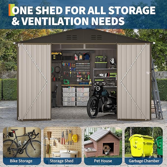 Garvee 10X12 FT Storage Shed with Cross Windows & Lockable Door，Large Outdoor Metal Shed，Peaked Roof Garden Shed for Lawn Mower, Bike, Tools - All Weather Secure Storage