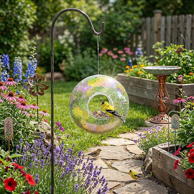 Topadorn Wild Bird Feeder Fly Through Garden Hanging Bird Feeder Mosaic Circle Squirrel Proof for Outdoor Decoration, Green