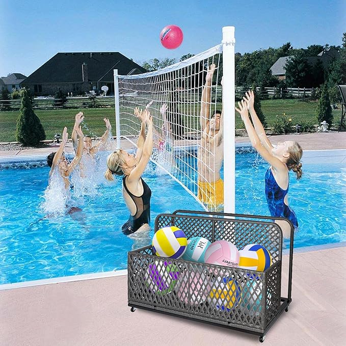 Garvee Pool Float Storage Organizer with Wheels, Outdoor Wicker Pool Storage Bin for Floats & Toys, Rolling Poolside Storage Rack for Patio Backyard Deck Box