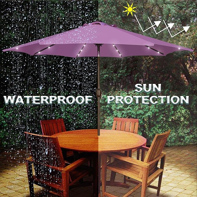 Blissun 9 ft Solar Umbrella, Patio Umbrella with 32 LED Lights, Table Market Umbrella, Outdoor Umbrella for Garden, Deck, Backyard (Lilac)