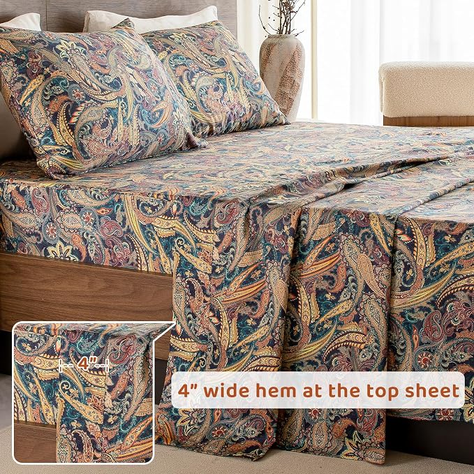QSH Boho Sheets King Size - Bohemian Bedding Paisley Pattern Printed Bedsheets Sets King Size Bed Sheets 100% Egyptian Cotton 17.5" Extra Deep Pocket 4pcs