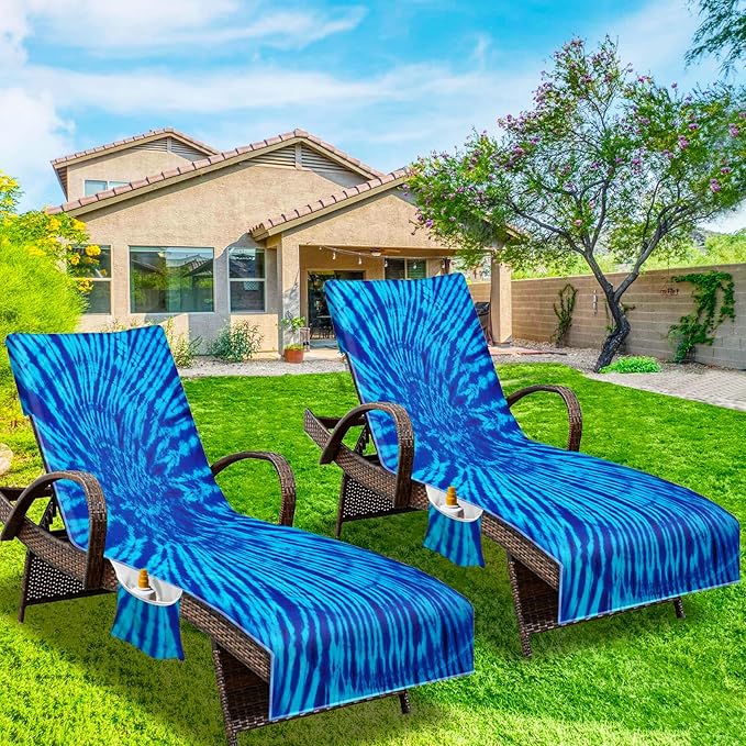 Beach Chair Cover with Side Pockets (1Pc), Thick and Quick Dry Lounge Chair Towel Cover for Sun Lounger Pool Sunbathing Garden Beach Hotel, No Sliding,Blue Tie Dye