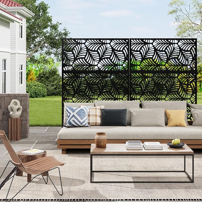 72" h × 47" w Outdoor Privacy Screen, Laser Cut Metal Garden Divider Panel with Tropical Leaf Design, Freestanding Weatherproof Privacy Fence for Patio Deck Backyard Balcony