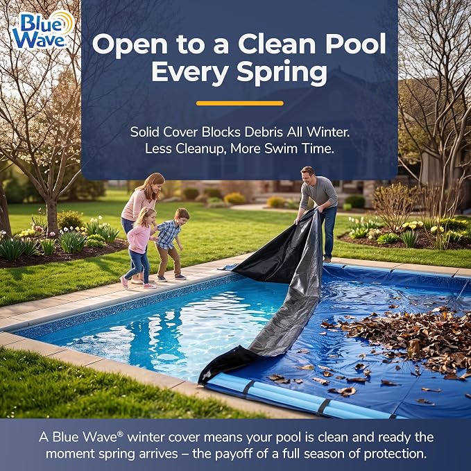 Blue Wave Gold 15-Year 20-ft x 44-ft Rectangular In Ground Pool Winter Cover | Solid polyethylene, black underside, heat-sealed seams, grommets, cable, winch, 5-ft overlap, 15-yr support, blocks debris