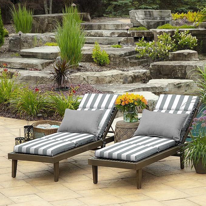 Arden Outdoor Chaise Cushion, 21 in x 72 in, Weather-Proof, Rain-Proof, Fade Resistant Patio Cushion for Chaise Lounger Stone Grey Cabana Stripe