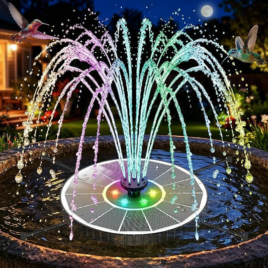 Solar Fountain with 3 Spray Height, Colorful Led Lights, 3.5W Glass Solar Bird Bath Water Fountain with 2000mAh Battery, 4 Rotating Rods and 7 Nozzles for Hummingbird Bathing, Outdoor Décor