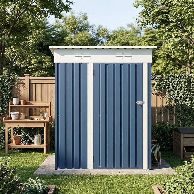 5x3 ft Outdoor Storage Shed with Lockable Door – Heavy Duty Metal Tool Shed with Dual Ventilation & Sloping Roof for Backyard, Garden, Patio, Bike & Equipment, Navy