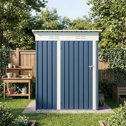 5x3 ft Outdoor Storage Shed with Lockable Door – Heavy Duty Metal Tool Shed with Dual Ventilation & Sloping Roof for Backyard, Garden, Patio, Bike & Equipment, Navy