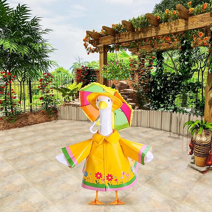 DECOHS 3 Pcs/Set Raincoat Porch Goose Outfits, Summer Lawn Goose Statue Raincoat Costume, Yard Goose Clothes Raincoats Umbrella Hat Outfit for 23" Statue Patio Garden Decoration (Yellow)