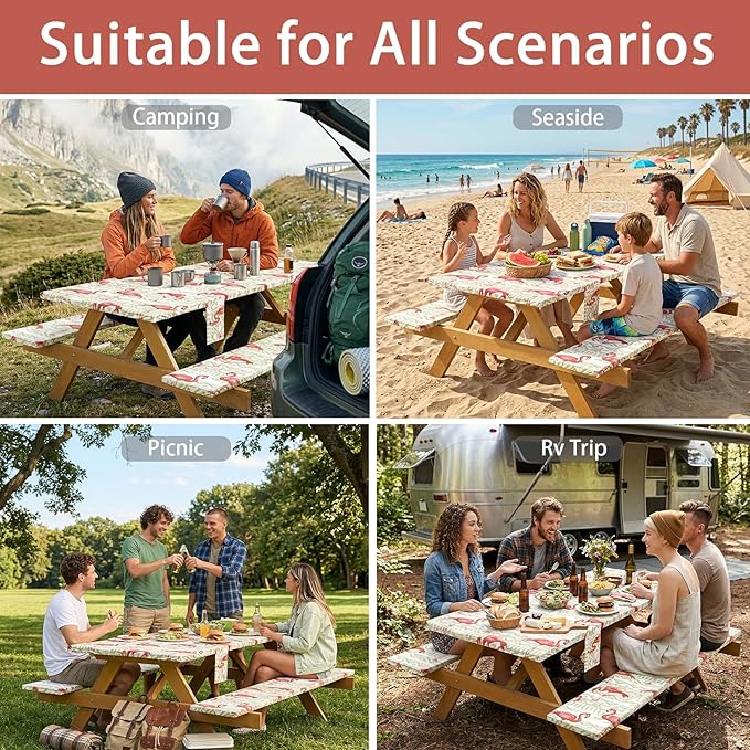 Fitted Waterproof Picnic Table Cover with Bench Covers Heavy Duty Elastic Outdoor Camping Tablecloth for 8 Foot Rectangle Tables Summer Rv Accessories Patio Garden Road Trip Essentials Gifts