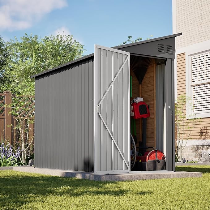 YOPTO 4×8 FT Lean to Metal Shed,Outdoor Heavy-Duty Storage Shed with Floor Base,All Weather Waterproof Garden Tool House W/Lockable Door&2 Air Vents,Reversible Door Design,for Backyard,Patio,Lawn,Gray